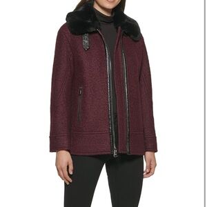 Kenneth Cole New York Faux Fur Collar Zip Wool Blend Coat in Burgundy $245 XS